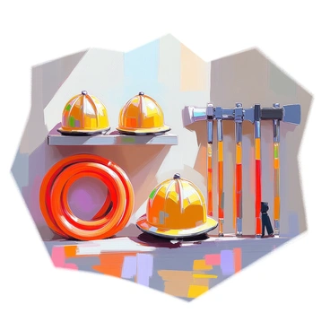 A firehouse interior featuring a neat arrangement of firefighters' gear. On one side, several shiny helmets are lined up on a shelf, each with reflective visors. Next to them, fire hoses are coiled and secured against the wall, displaying their bright red color. An assortment of axes, polished and ready for use, is mounted on a rack. The space is well-organized, with the gear prominently displayed, reflecting the readiness and professionalism of the firefighters.