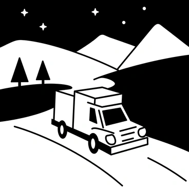 A transport truck is driving along a winding road under a starry night sky. The truck has a large cargo container and its headlights are on, casting bright beams of light onto the road ahead. The road is surrounded by dark silhouettes of trees and hills in the background. Stars dot the sky, creating a vast expanse above the truck as it continues its journey down the highway.