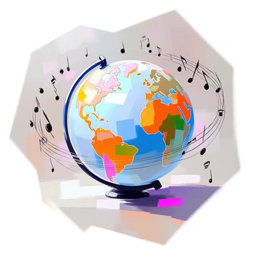 A detailed globe depicting world continents and oceans, with vibrant colors highlighting the geographical features. Surrounding the globe, several musical notes of various sizes are dynamically orbiting in different directions, creating a sense of motion. The notes are depicted in shades of black and white, contrasting against the colorful globe. The background is a subtle gradient that enhances the focus on the globe and the musical notes.