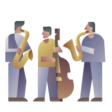 A jazz band consisting of musicians playing saxophones, trumpets, and a double bass on stage, with one musician passionately blowing into the saxophone and another energetically holding the trumpet, while the double bassist stands with a bow in hand, all immersed in their performance.
