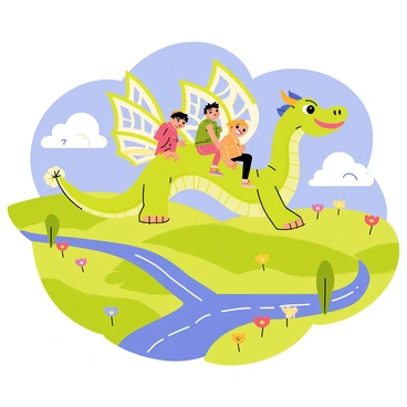 A friendly dragon with vibrant green scales and large, expressive eyes is flying gracefully above a colorful landscape. The dragon has outstretched wings, showcasing intricate patterns in shades of blue and yellow. Below, children with joyful smiles are seated on the dragon's back, their hair blowing in the wind. The landscape is filled with rolling hills painted in bright greens, dotted with patches of red, yellow, and purple flowers. A shimmering river winds through the scene, reflecting the blue sky and fluffy white clouds above. The entire image conveys a sense of adventure and happiness.