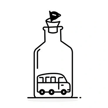 A miniature toy bus is placed inside a glass bottle, showcasing its intricate details. The bus is painted with fine lines representing windows and wheels, emphasizing its design. The glass bottle is clear, with smooth edges and a round base, sitting upright on a wooden surface. The bottle's opening is sealed with a cork, which is slightly ajar, hinting at how the bus was inserted. The background features subtle shadows cast by the bottle and bus, enhancing the three-dimensional effect of the display.