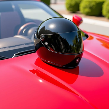 A sleek racing helmet placed on the hood of a luxury sports car