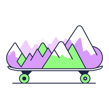A skateboard is placed on a flat surface, displaying a "geometric mountain range" design that spans its entire deck. The mountains are depicted with sharp angles and multiple facets, creating an abstract appearance. Each mountain is complemented by "cool tones," lending a modern and vibrant feel to the overall design. The skateboard's grip tape is visible on the top, and it is equipped with green wheels. The background showcases a simple, unobtrusive surface to emphasize the skateboard's design.
