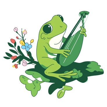 A green tree frog with large round eyes is sitting on a branch, delicately holding a tiny harp made of a leaf. The frog is focused on playing, with its limbs positioned gracefully on the harp strings. Nearby, there are small colorful flowers blooming on the branch, and soft green moss covers the surface beneath the frog. Light filters through the surrounding foliage, creating a dappled effect on the frog and the harp.
