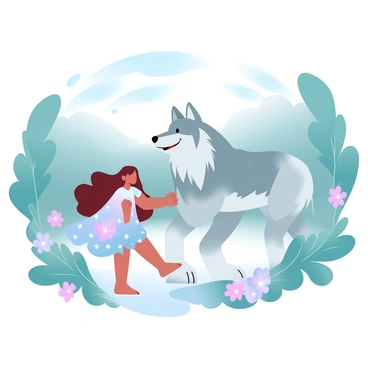 A young girl with long hair is walking alongside a giant, friendly wolf in a lush green forest. The girl is dressed in a flowy, colorful dress that contrasts with the earthy tones of the forest. The giant wolf has a thick coat of fur that blends shades of gray and white, and it walks gracefully beside the girl. Sunlight filters through the trees, creating dappled patterns on the forest floor. Various vibrant wildflowers are scattered around them, adding splashes of color to the scene. The atmosphere is warm and inviting, showcasing the bond between the girl and the wolf.