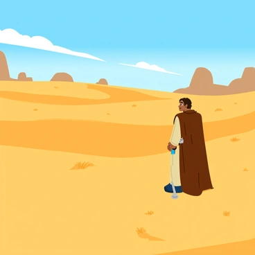 A Jedi wearing a flowing brown cloak stands at the edge of a vast desert. The Jedi's lightsaber is clipped to their belt, glowing faintly with a blue hue. The desert landscape features rolling sand dunes that shimmer under the bright sunlight, with tufts of dry grass scattered throughout. In the distance, a few rocky formations rise against the horizon, adding texture to the expansive sandy scene. The sky is a clear blue with a few wispy clouds, creating a striking contrast with the golden sands. The Jedi gazes into the distance, ready to embark on their quest.