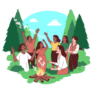 A group of individuals, with varying skin tones, is gathered in a green clearing surrounded by tall trees. They are singing together joyfully, their faces expressing a mix of relief and happiness. Some individuals are holding hands, while others have their arms raised in celebration. They are dressed in simple clothing, which reflects a rustic style. In the background, there is a blue sky with a few white clouds, enhancing the atmosphere of freedom and hope. Nearby, a small fire is crackling, adding warmth to the scene as smoke rises gently into the air.