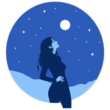 A figure of a woman with long black hair is standing beneath a night sky. The woman, dressed in a fitted black outfit, is illuminated by a soft white moonlight that creates a gentle glow around her. She has a pensive expression as she gazes thoughtfully at the stars scattered across the dark blue canvas above. A few shimmering stars twinkle brightly, enhancing the serene atmosphere. The moon hangs high and round, casting long shadows on the ground around her.