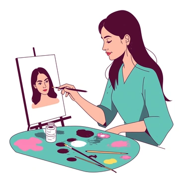 An artist with a focused expression is using a fine brush to add intricate details to a portrait on a white canvas. The artist's hand is steady, and the brush is poised delicately as it touches the canvas, emphasizing fine strokes. The portrait features a figure with soft features and gentle lighting that highlights the colors used. The artist is surrounded by an assortment of paint tubes and brushes scattered across a teal palette. The background is softly blurred, drawing attention to the artist and the portrait in progress.