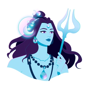A detailed profile of Shiva, with serene features and an intense gaze. He has long, flowing hair that cascades elegantly, and a glowing crescent moon rests gently within the strands. His skin has a bluish hue, and he wears intricate jewelry, including necklaces and earrings. The background is softly illuminated, highlighting the divine aura surrounding him. Subtle details such as the third eye on his forehead and the trident held close by enhance the sacred essence of the scene.