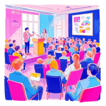 A large conference room is filled with rows of seats occupied by an audience. At the front of the room, two speakers are standing behind a podium, each holding a microphone. The first speaker, a middle-aged man with short black hair and glasses, is gesturing enthusiastically. He is wearing a smart jacket and a tie. The second speaker, a young woman with long brown hair in a ponytail, is beside him, pointing towards a large screen displaying a "latest technology" graphic. The screen features colorful diagrams and images of new gadgets. Behind the speakers, a banner with the conference name is prominently displayed. The audience appears engaged, some taking notes and others using laptops.