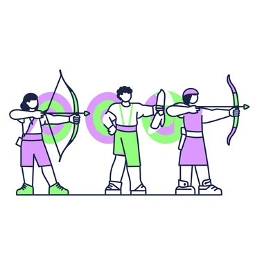 A group of archers competing in an archery contest with colorful target rings in the background