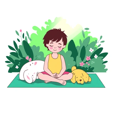 A child sitting cross-legged on a teal yoga mat is practicing mindfulness. The child's eyes are closed, and they have a serene expression on their face. Surrounding the child, there are various soft animals, including a small white bunny and a fluffy yellow puppy, both resting comfortably nearby. Lush greenery fills the background, with gentle sunlight filtering through the leaves, creating a peaceful atmosphere. A few delicate flowers in shades of pink bloom around the mat, enhancing the tranquil scene.
