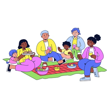 A group of diverse people sitting together on a green picnic blanket. There are three adults and two children. One adult is holding a colorful plate of sandwiches, while another is pouring juice into cups. The children are laughing and passing around a bowl of fruit. Around them, there are baskets filled with snacks and a bright red checkered tablecloth. The scene captures the joyful atmosphere of sharing food and laughter in a sunny park.