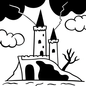 A towering castle with sharp spires rising high into the air, with intricate details on the stone walls. The castle stands firmly on a rocky outcrop. Dark, swirling clouds fill the sky above, enhancing the dramatic atmosphere. Lightning bolts emerge from the clouds, illuminating the castle in stark contrast. A lone tree, bare of leaves, is positioned to one side of the castle, its branches reaching upward. The ground is uneven and rugged, contributing to the imposing presence of the castle.
