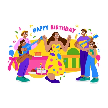 A woman with long, flowing brown hair is happily singing "Happy Birthday." She is wearing a colorful party dress adorned with balloons and confetti. Surrounding her are three friends, each holding a different musical instrument. One friend plays a bright blue guitar, another is on a red tambourine, and the third is blowing into a yellow trumpet. They are all smiling and engaging with each other in a festive atmosphere filled with vibrant colors and decorations like streamers and balloons in the background. A birthday cake with candles sits on a table nearby, adding to the celebratory scene.