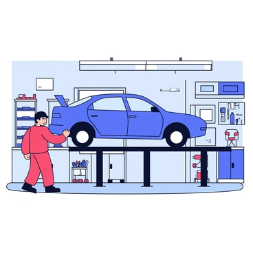 A mechanic is lifting a blue sedan using a hydraulic lift in a well-equipped garage. The car is positioned on the lift with its wheels slightly off the ground. The mechanic, wearing a red jumpsuit and a black cap, stands beside the lift, focused on the task. The garage interior features concrete flooring, metal tool cabinets, and a workbench filled with various hand tools. Bright overhead lights illuminate the space, highlighting the organized tools and equipment around.