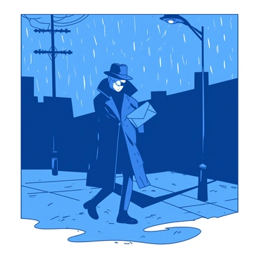 A blue spy in a dark trench coat is standing beneath a streetlight, with raindrops cascading down from the cloudy night sky. The light from the streetlamp casts a warm glow on the wet pavement, creating reflections in the puddles forming at their feet. The spy is holding a gray, mysterious envelope, just being delivered by a shadowy figure who is partially obscured in the darkness. The rain continues to pour, adding a sense of urgency to the scene as the spy glances furtively around, ensuring no one is watching.