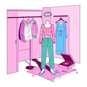 A pink room filled with various vintage Korean fashion items from the 1980s. On one side, there is a bright blue dress with bold patterns hanging on a rack, accompanied by matching accessories. A teal headband sits next to the dress, while a pair of vibrant blue shoes are placed beneath it. In the foreground, a mannequin displays a pink and yellow patterned top paired with high-waisted teal pants. The floor is decorated with a pastel-colored rug, and an old-fashioned record player with a few vinyl records lies nearby.