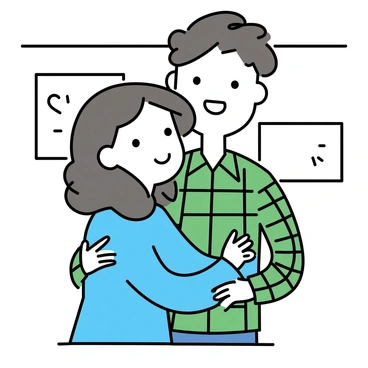 A young woman named Bella Swan, with long brown hair, is standing in a warmly lit room. She is wearing a cozy, light blue sweater. Her father, a middle-aged man with short brown hair and wearing a green plaid shirt, is enveloping her in a gentle embrace. Both of their expressions convey warmth and affection. The background features a simple wall with a family photo hanging, creating a sense of home.