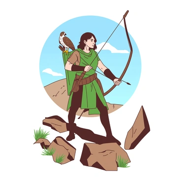 An archer with a pet hawk perched on their shoulder in a rocky terrain