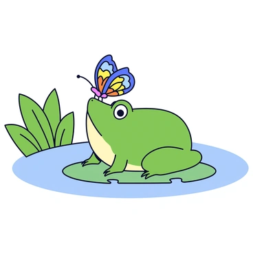 A small green frog with big round eyes is perched on a lily pad in a calm pond. The frog looks curious as a vibrant butterfly with multicolored wings gently lands on its nose. The butterfly has intricate patterns in shades of blue, yellow, and orange. The pond is surrounded by lush green plants, and the water is clear, reflecting the sunlight.