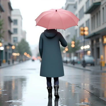 A person, wearing a dark blue raincoat and black waterproof boots, is walking down a rain-soaked city street. They are holding a bright red umbrella, which is opened wide above them. Puddles are visible on the asphalt, reflecting the surrounding buildings and streetlights. The sky is cloudy, and the rain is falling gently, creating ripples in the puddles. The person appears to be walking with a steady pace, focused on their path ahead.