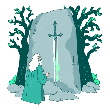 A teal-robed figure of Merlin with a long white beard stands in front of a large grey stone. The grey stone has a sword, "Excalibur," firmly embedded in its center. The sword has a gleaming silver blade and a beautifully adorned hilt. Surrounding the stone are ancient trees with twisted branches, their leaves glowing in a soft light. A mist rolls around the base of the stone, adding an air of mystery to the scene. Merlin gazes intently at the sword, his expression one of deep contemplation. Flashes of light appear in the background, hinting at an enchanting atmosphere.
