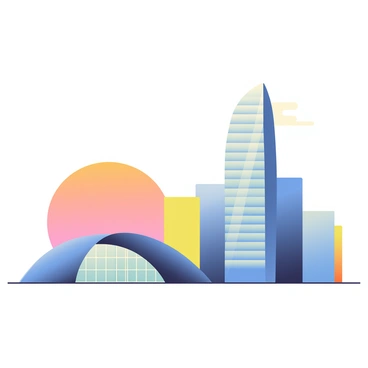 A city skyline is depicted at sunset, showcasing a variety of buildings shaped to represent different quadratic graphs. In the foreground, a tall, curved building mimics the shape of a parabolic curve opening upwards, with glass windows reflecting the warm hues of the sky. To the left, a building with a downward-facing curve resembles an inverted parabola, its sleek structure standing out against the backdrop of the setting sun. Other buildings in the skyline reflect the shapes of parabolas and quadratic equations, with a mix of colors such as deep blue, bright yellow, and soft orange. Silhouetted against the sky, the buildings create an intriguing skyline that merges mathematics with urban architecture.