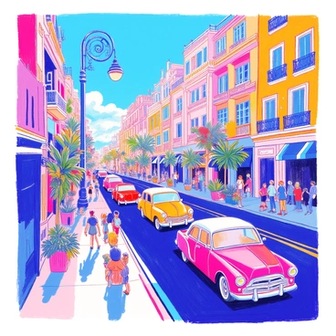 A bustling urban boulevard is filled with a variety of people walking, talking, and enjoying the day. The street is lined with elegant art deco buildings featuring intricate geometric patterns and vibrant colors. Vintage cars of various makes and models are parked along the curb, showcasing bright hues and chrome details. Street lamps with decorative designs illuminate the scene. Potted plants and small trees are placed along the sidewalk, adding greenery to the urban environment. In the background, a bright blue sky complements the lively atmosphere.