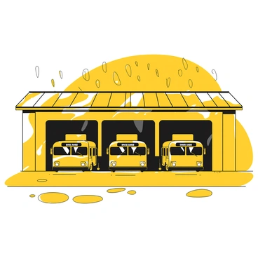 Raindrops are falling from the sky and striking the roof of a bus garage. The garage is large and rectangular, with a metal roof that reflects the impact of the raindrops. Inside the garage, a few buses are parked, showcasing their yellow exteriors. The buses have large windows and are lined up neatly, displaying their headlights and wheels. The ground is wet, with puddles forming beneath the buses, capturing the reflection of the raindrops.