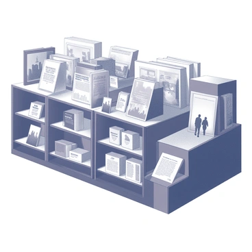 A library exhibit featuring rows of books displayed on elegant wooden shelves. The books are various sizes and formats, with titles prominently visible on their spines. Alongside the books, there are framed photographs capturing significant moments related to 9/11. The photographs depict scenes of resilience and reflection, with visitors walking through the exhibit. The lighting is soft, illuminating the books and photographs, creating a solemn atmosphere. A small plaque explaining the significance of the exhibit is placed next to the entrance, inviting viewers to engage with the content.