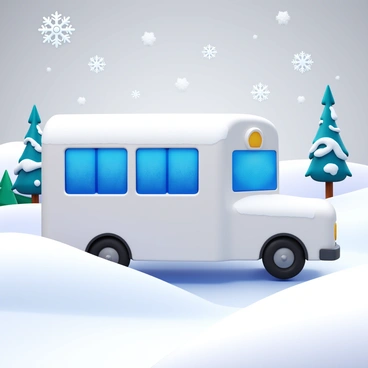 A white school bus is traveling through a snowy landscape. The bus has a shiny exterior and is covered in a light dusting of snow. Frost coats the windows, creating intricate frost patterns. Fluffy snowflakes are falling gently around the bus, adding to the wintry scene. In the background, there are snow-covered trees and rolling hills. The sky is overcast with gray clouds, typical of a cold winter day.
