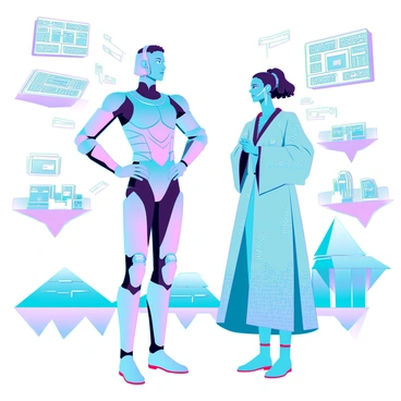 Two avatars in a vibrant virtual reality space are engaged in a conversation. The first avatar is a tall figure with sleek metallic skin and glowing blue eyes, wearing a futuristic armor-like suit adorned with intricate patterns. The second avatar has a more organic appearance with light green skin and bioluminescent markings, dressed in flowing robes that shimmer with pixelated textures. Surrounding them are holographic displays showing floating icons and data streams that pulse with light. The background features a digital landscape with floating islands and geometric shapes, enhancing the immersive atmosphere of their interaction.