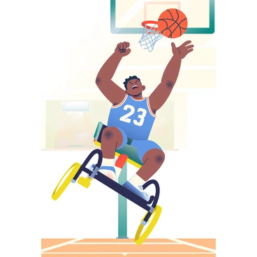 A male wheelchair basketball player with dark skin and a determined expression is captured in mid-air while attempting a slam dunk. He has short black hair and is wearing a blue jersey with the number "23" prominently displayed on the front and matching blue shorts. His wheelchair is sleek and designed for speed, with bright yellow wheels lifting off the court. The basketball is soaring towards the hoop, and the player's left hand is reaching up for the rim while his right hand is gripping the ball tightly. In the background, an indoor basketball court is visible with wooden flooring and bright overhead lights shining down.