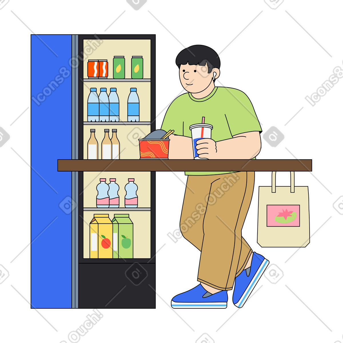 Cliente che mangia cibo da asporto al minimarket, ristorante veloce in un minimarket illustrazione stile Kindy scarica PNG, SVG
