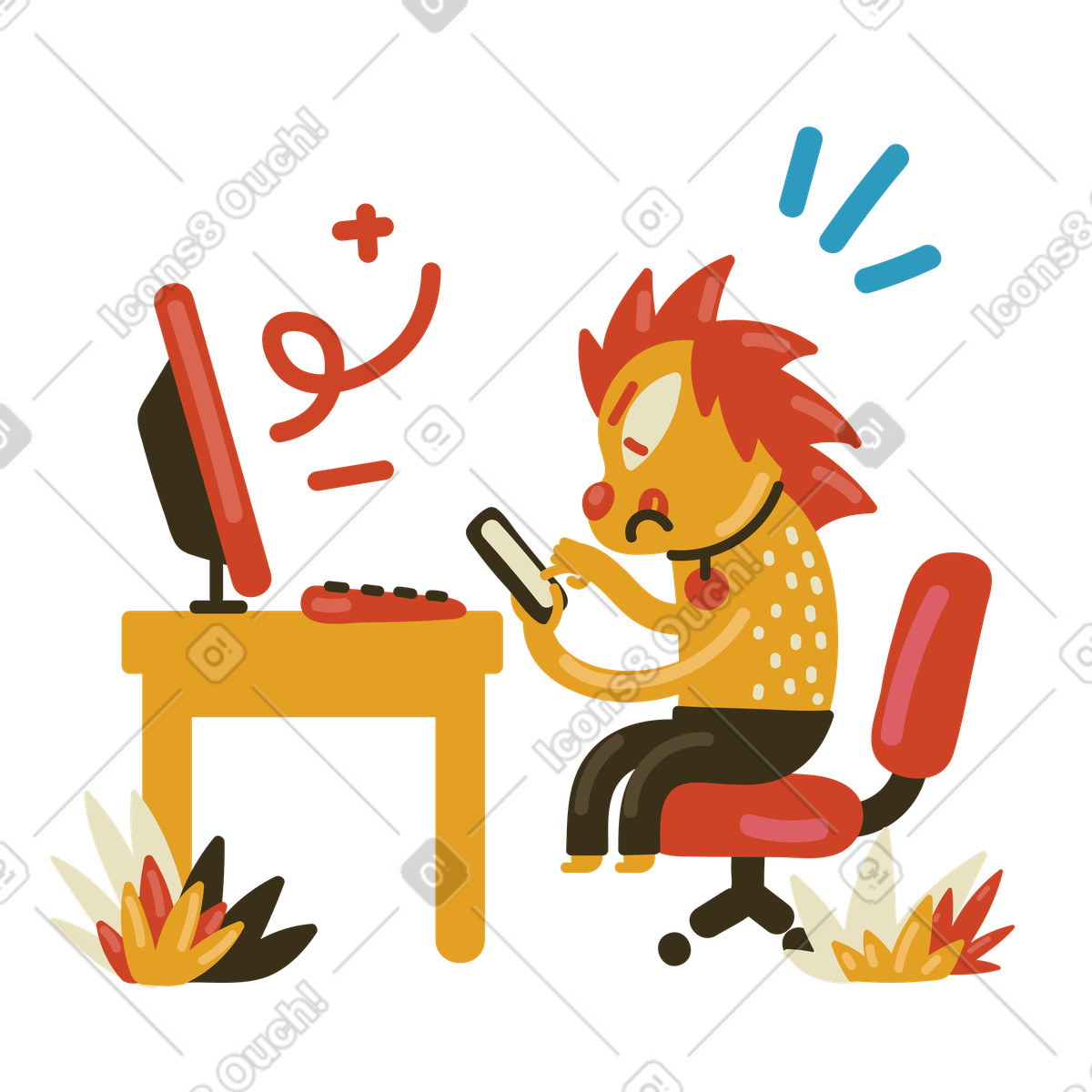 Angry office worker lion at the computer illustration in PNG, SVG