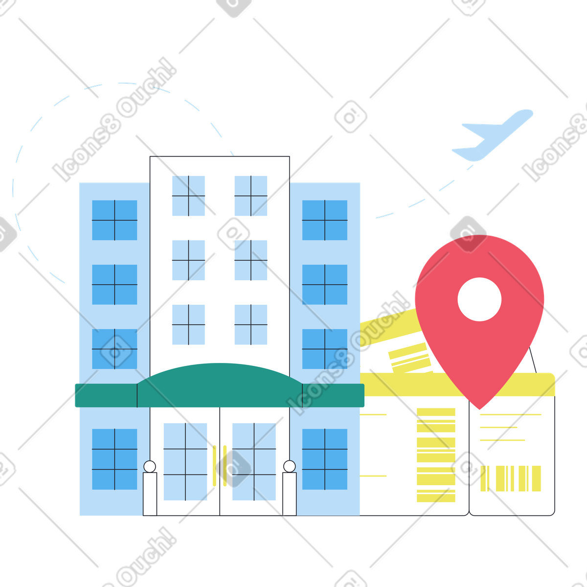 Boba スタイルの Hotel building with boarding passes and location pin, Travel accommodation planning のイラストをPNG、SVG形式でダウンロード