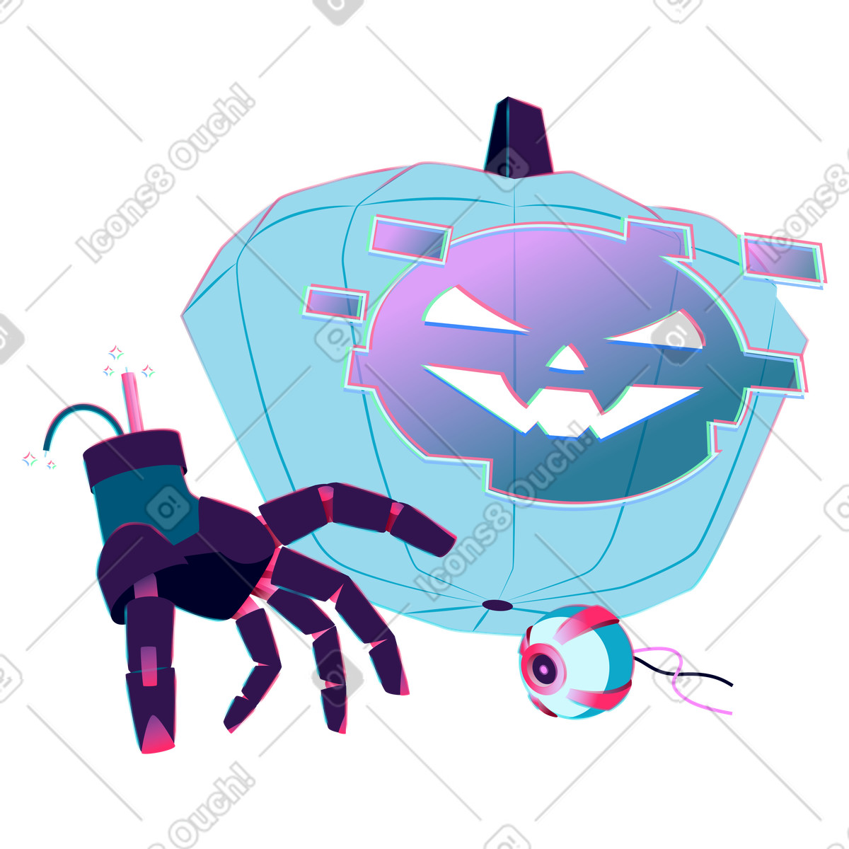 Ilustración Cyber Halloween with futuristic pumpkin, hand and eye en estilo Neon a descargar en PNG y SVG