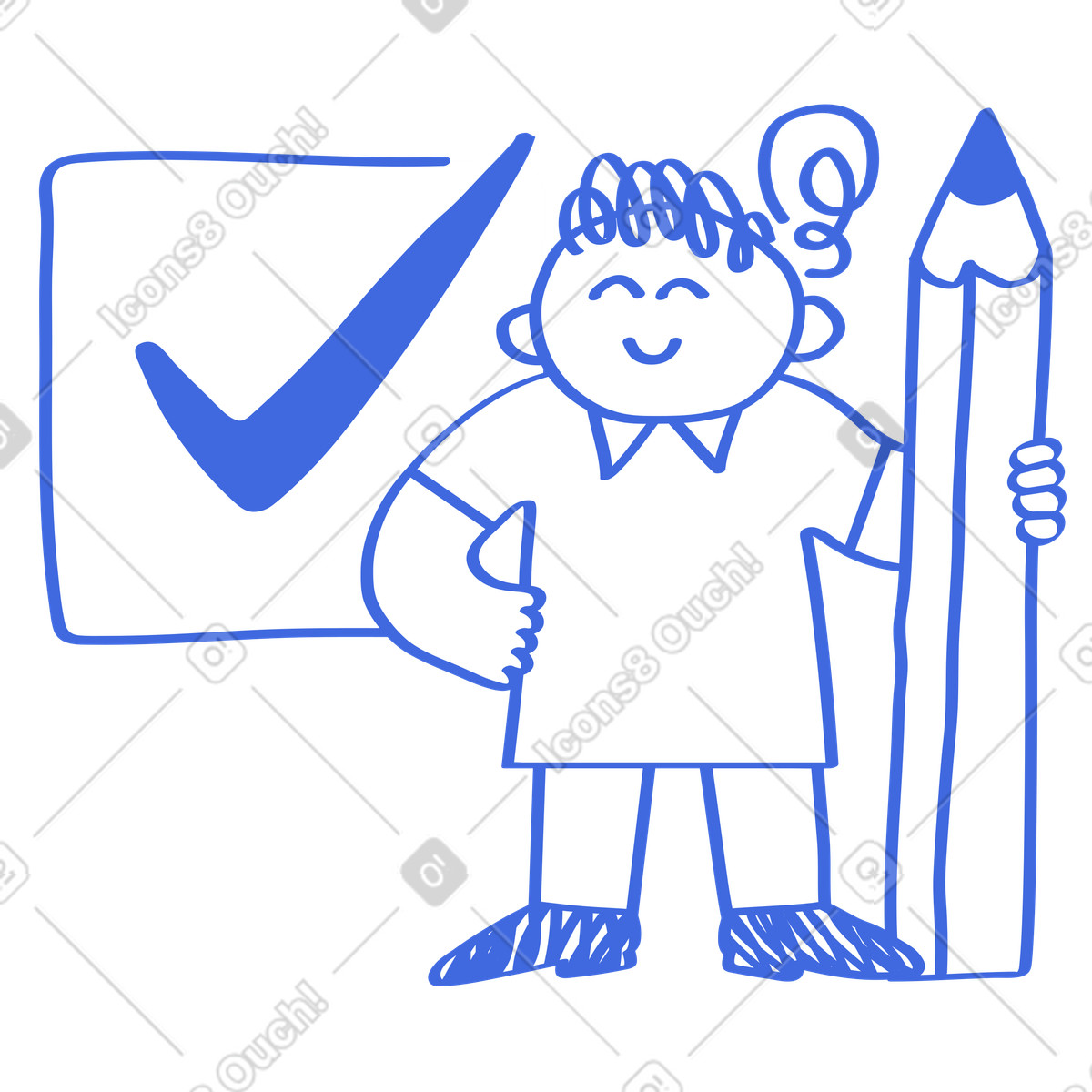 下载 Ballpoint Pen 风格的 Checklist completed character holding giant pencil and large check mark 插画，支持 PNG、SVG 格式