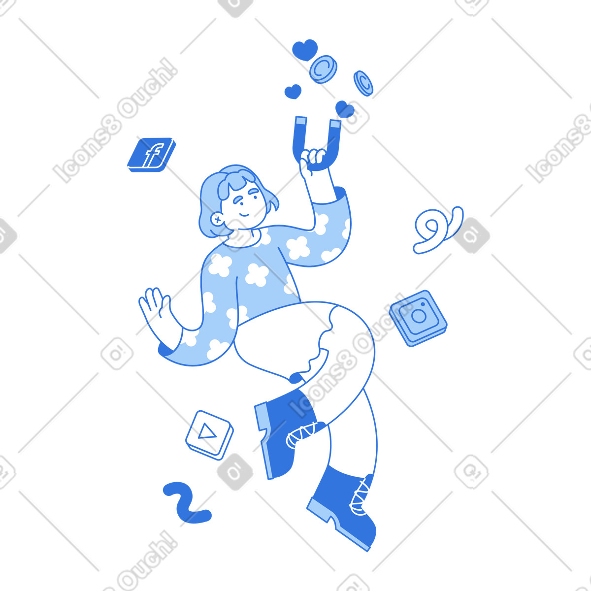 Illustration Jeune femme attirant des likes et pièces sur les réseaux sociaux dans le style Sky à télécharger aux formats PNG, SVG