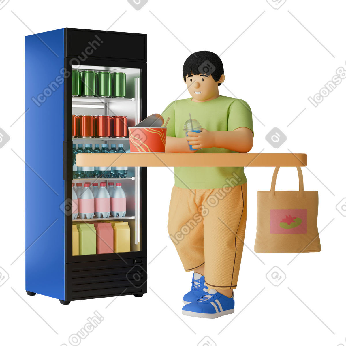 Cliente che mangia cibo da asporto al minimarket, ristorante veloce in un minimarket illustrazione stile 3D Kindy scarica PNG, SVG