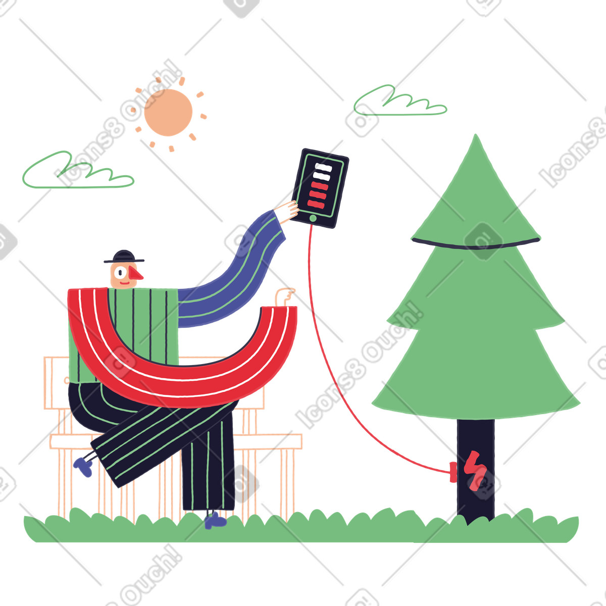 User charging device with tree, Sustainable energy and eco-friendly technology illustration in Stripy style download in PNG, SVG