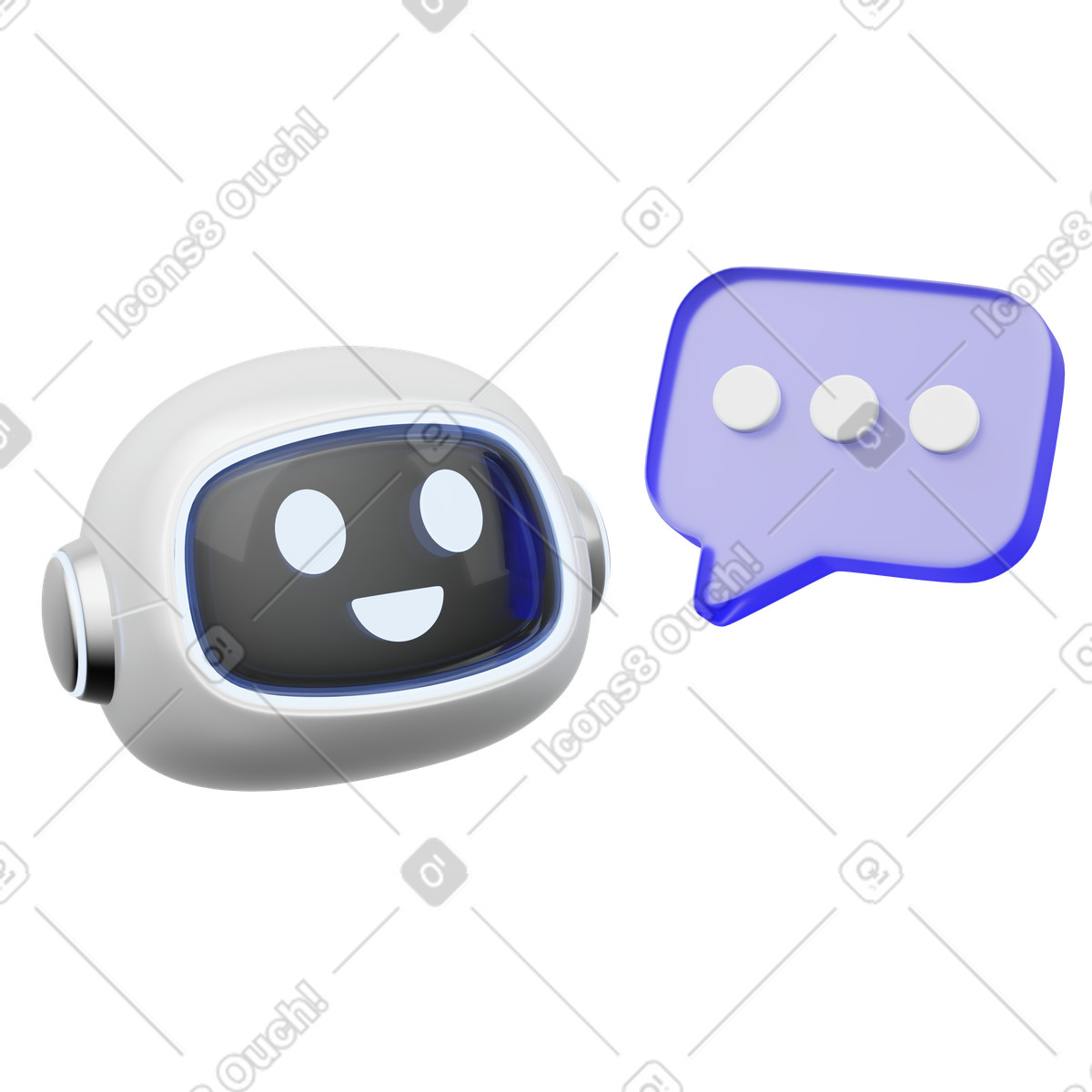 Virtual robot helper head and chat bubble with three dots illustration in 3D Playful style download in PNG, SVG
