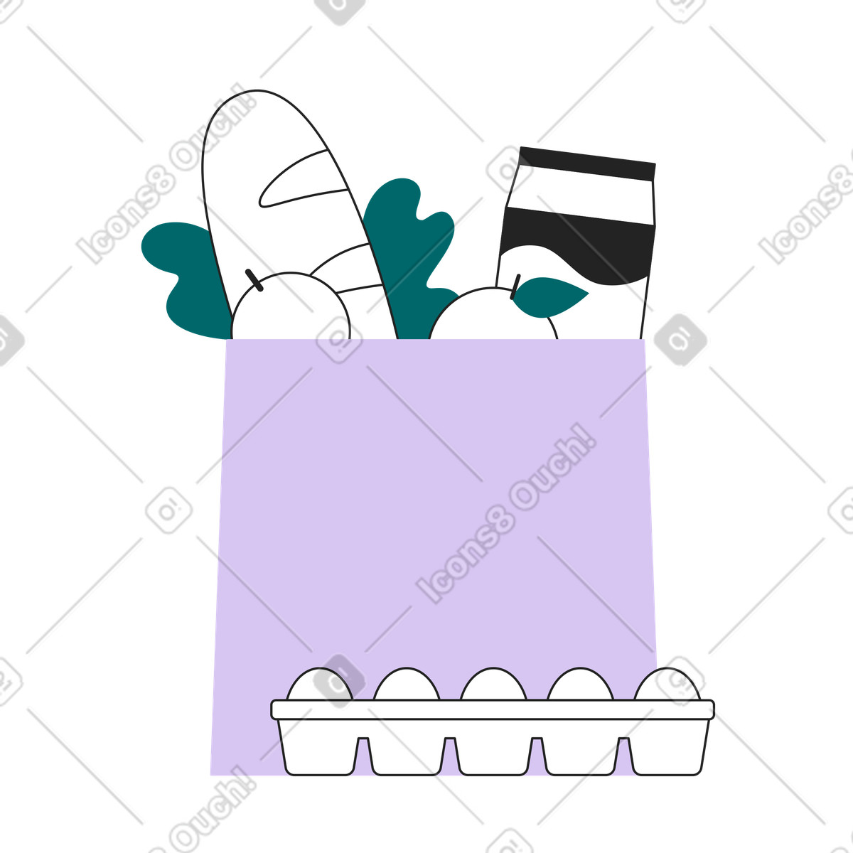 Borsa con generi alimentari e cibo illustrazione in stile Sammy Line scarica in PNG, SVG