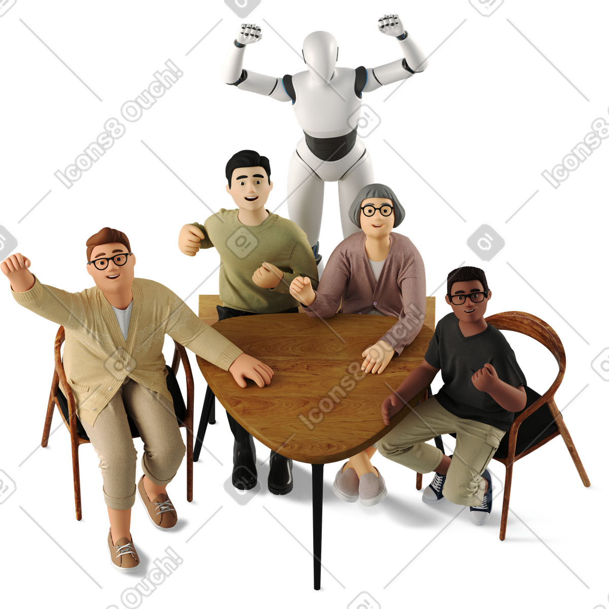 Ilustração de Joyful corporate team and humanoid robot at table top view em no estilo 3D Business para baixar em PNG, SVG