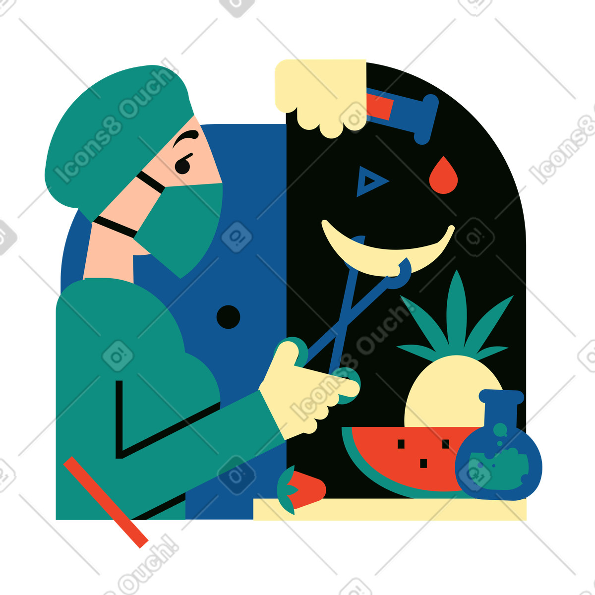 Scienziata che sperimenta sui frutti utilizzando le biotecnologie illustrazione in stile Polar scarica in PNG, SVG