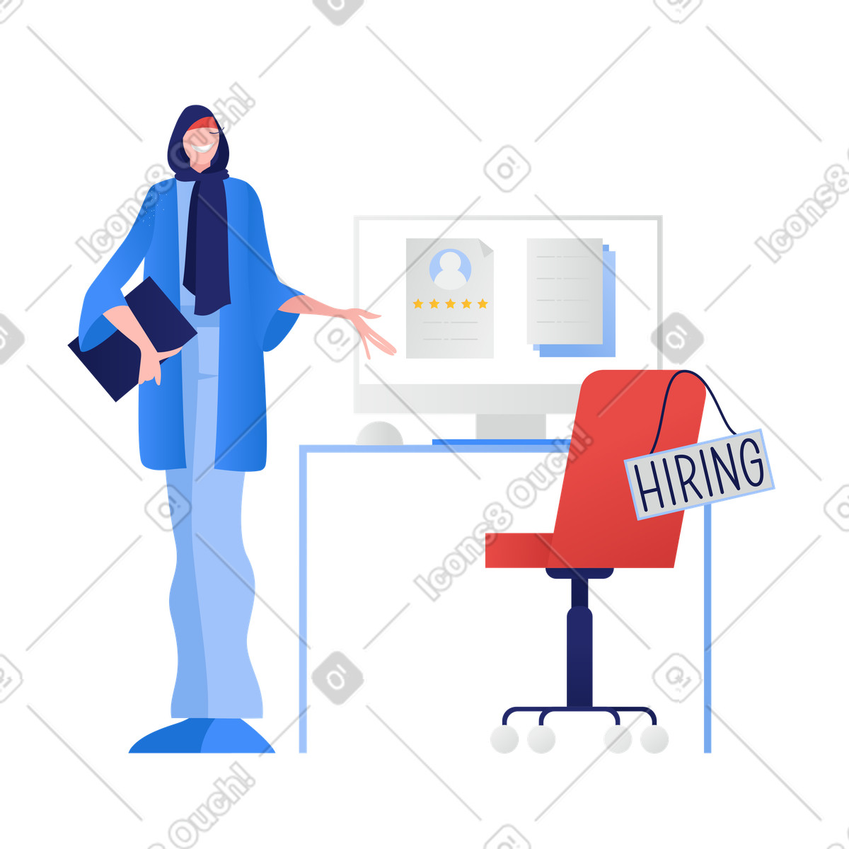 Illustration Responsable des ressources humaines en vêtements bleus embauchant au bureau aux formats PNG et SVG