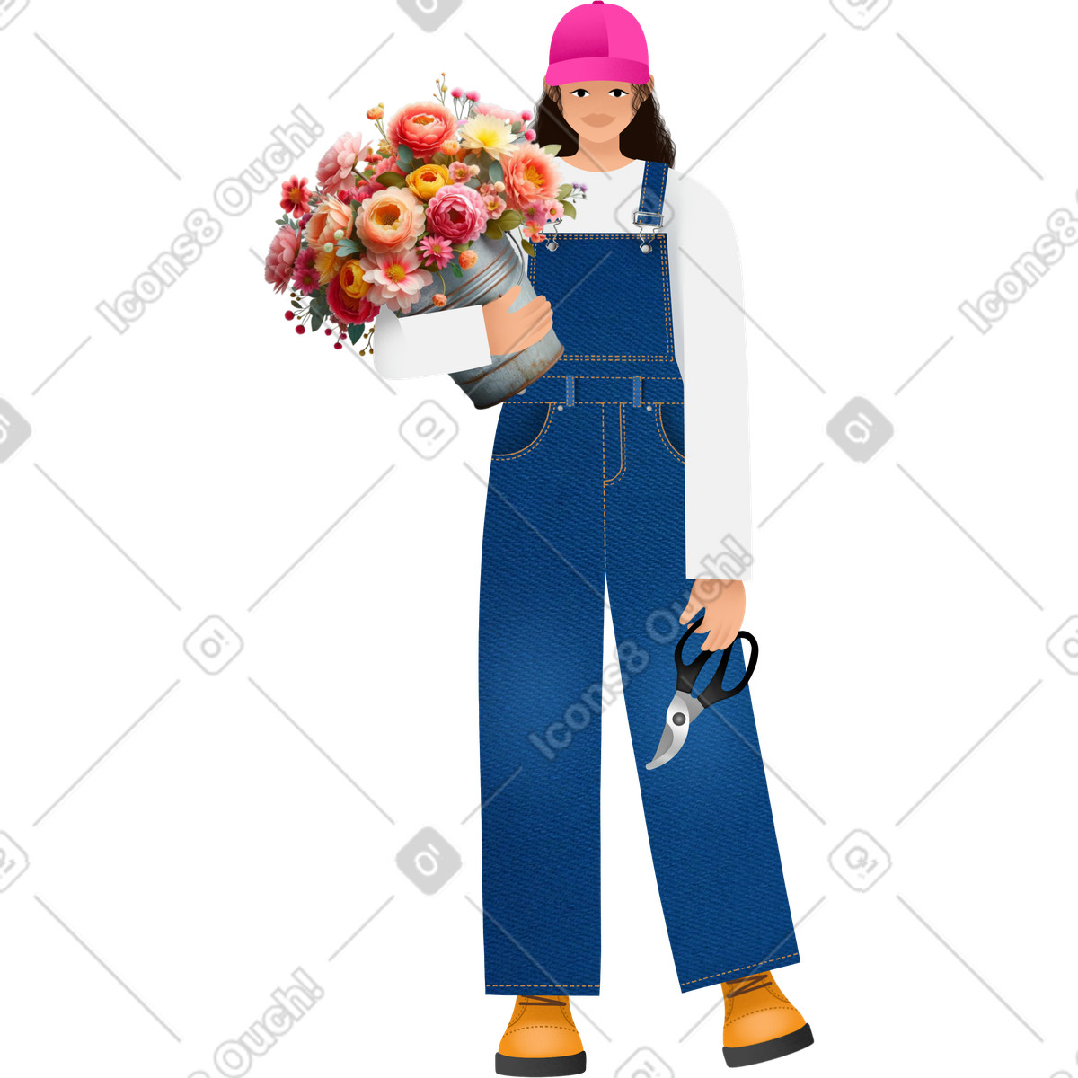 Ilustración Young woman in denim overalls holding flowers en estilo Patchwork a descargar en PNG y SVG